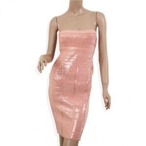 Herve Leger Frances Sequin Blush Pink Bodycon Bandage Mini Sculpting Dress.